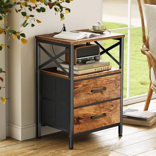 Huuger Nightstands Set of 2, Night Stand with Charger Station, 2 Drawer Side Table with Open Shelf, USB-C Port, End Table for Small Spaces, X Shaped Side Rail, Rustic Brown Huuger