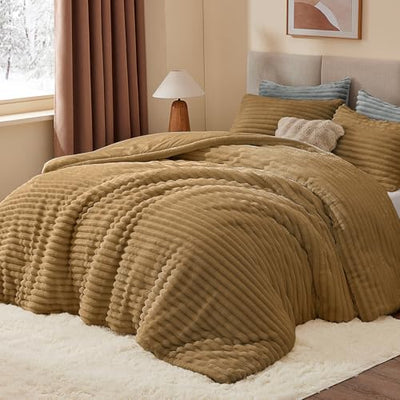 BEDELITE Fleece Queen Comforter Set -Super Soft & Warm Fluffy Brown Bedding, Luxury Fuzzy Heavy Bed Set for Winter with 2 Pillow Cases