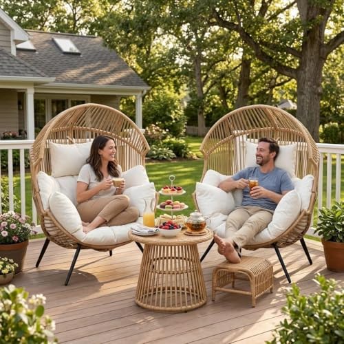 Oversized Outdoor Wicker Egg Chair Set of 2, Patio Lounge Chair Basket Seat with Thick Cushion, All Weather Indoor Outdoor Porch Rockers for Balcony, Living Room, Lawn Garden