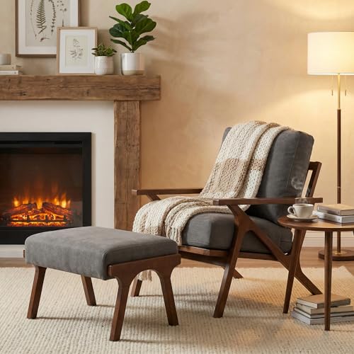 Wahson Mid Century Chair, Upholstered Accent Armchair, with Wood Frame and Canvas Cushions, Leisure Slipper Chair for Living Room/Bedroom, Grey Wahson