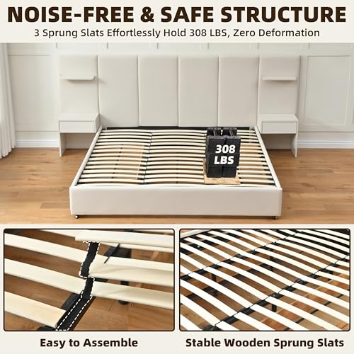 QNZK King Bed Frame with Storage & Built-in Nightstands, Velvet Upholstered Platform Bed Frame with Drawers & 2 Floating Storage Shelves, Noise-Free, No Box Spring Needed, Easy Assembly, Beige QNZK