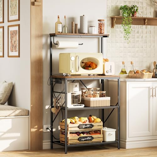 Huuger 4-Tier Bakers Rack with Reversible Power Outlet, 23.6 Inch Microwave Stand, Kitchen Coffee Bar, with Top Shelf, 6 S Hooks, Rustic Brown Huuger
