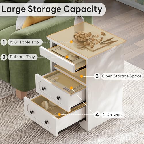 LIKIMIO Night Stand, Modern Bedside Table with 2 Drawers, Open Shelf, End Table with Pull-Out Tray, Wood SideTable, White LIKIMIO