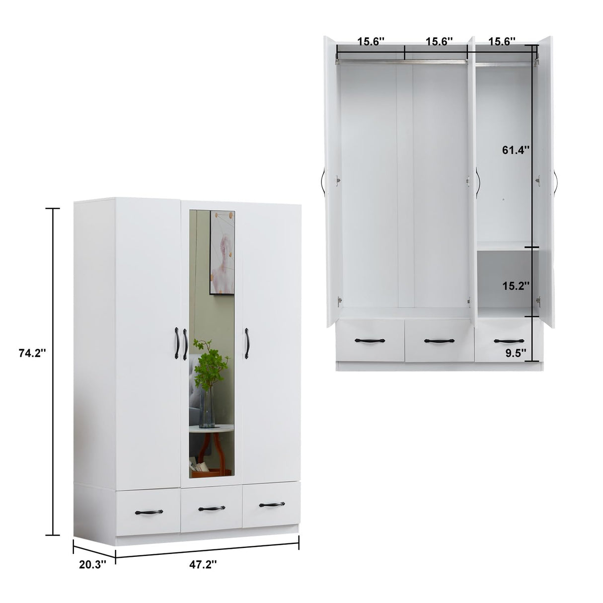 GraceGrove Armoire Wardrobe Closet Mirror, 3 Doors 2 Drawers White Large Capacity Clothing Storage Bedroom Armoires Wardrobe Closet with Hanging Rod 47.3" L x 20.3" W x 74.2" H GraceGrove