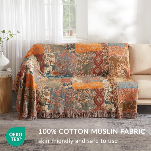 Bailix Boho Throw Blanket for Couch Sofa Bed, 100% Cotton Woven Quilt with Tassel 60”x80”, Super Soft Muslin Blanket with Floral Printed, Decorative Reversible Bed Blanket/Cover for All Seasons Bailix