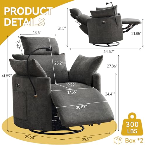 Power Recliner Chairs, 360° Swivel Rocking Chair Nursery with USB/Type-C & Phone Holder, Gilder Reclining Chair with Side Pocket for Adults, Barrel Recliners for Living Room, Chenille Dark Grey