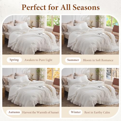 JOLLYVOGUE White Twin Size Comforter Set, 2 Pieces Seersucker Lightweight Fluffy Bedding Set, Twin Ruffle Comforter, All Season Soft Microfiber Shabby Chic Bed Set JOLLYVOGUE