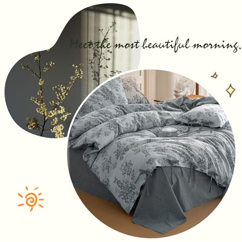 VM VOUGEMARKET Duvet Cover Set King Size Linen Cotton Yarn-Dyed Duvet Cover,Jacquard Garden Floral Pattern Monet Style 3Pieces Bedding Set,Navy Blue VM VOUGEMARKET