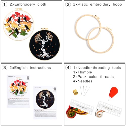 Fall Maple Leaf Embroidery Starter Kits for Beginners Adults, Halloween Stamped Cross Stitch Kit for Beginners Adults, Skeleton Embroidery Needlepoint Kit, 2 Embroidery Hoops (Attached Video Tutorial)