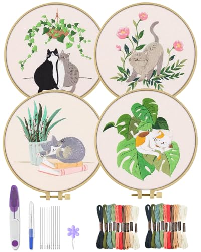 ERKOON 4 Sets Embroidery Kit for Beginners,Hummingbird and Flower Cross Stitch Set for Include Embroidery Cloth Hoops Threads for Craft Lover Hand Stitch (Cat)
