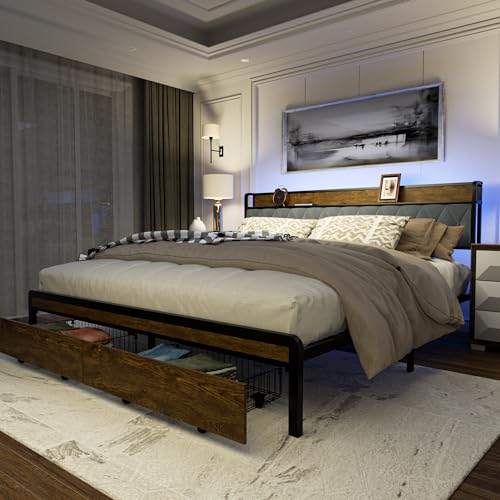 Sismplly King Size Metal Platform Bed Frame with 2 Storage Drawers & LED Light, Upholstered Headboard with Charging Station, No Box Spring Needed, Brown Wood Panel Sismplly