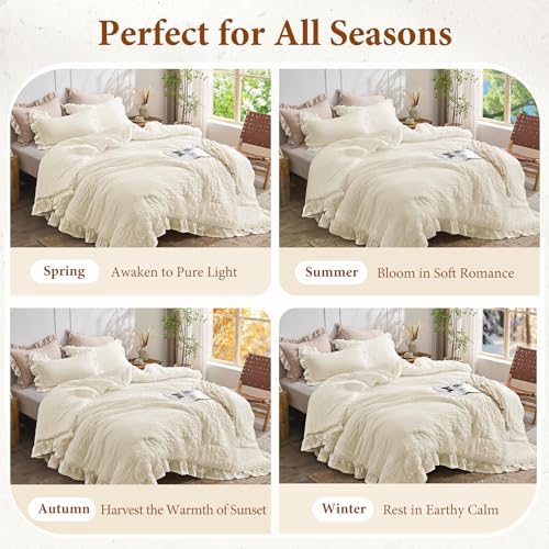 JOLLYVOGUE Ivory Twin Size Comforter Set, 2 Pieces Seersucker Lightweight Fluffy Bedding Set, Twin Ruffle Comforter, All Season Soft Microfiber Shabby Chic Bed Set JOLLYVOGUE
