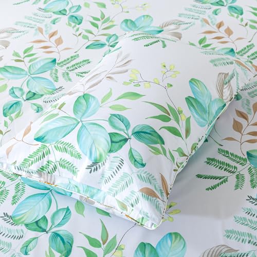 FADFAY Full Sheets 100% Cotton Teal Green Leaf Pattern Printed Bed Sheets, Botanical Sheets Leaves Pattern Modern Minimalist Bedding, Soft Crisp & Breathable Luxury Deep Pocket Fitted Sheet, 4Pc FADFAY