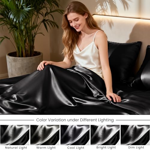 Love's cabin Twin Satin Sheets Sets - 3 Piece Black Silky Bed Sheets with Deep Pockets, Luxury Silk Feel Satin Twin Size Sheet Set Bedding Set (1 Flat Sheet,1 Fitted Sheet,1 Pillow case) Love's cabin