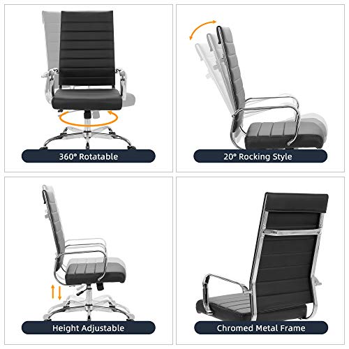 LANDSUN Home Office Chair Ribbed Leather High Back Executive Swivel Computer Desk Chairs with Wheels and Armrests Soft Padded Adjustable Height Modern Conference Task Black LANDSUN