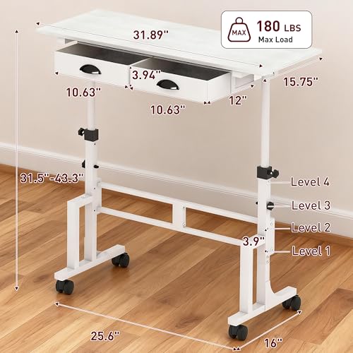 Height Adjustable Standing Desk with 2 Drawers, Small Sit Stand Up Desk with Wheels, Portable Rolling Desk for Walking Pad Treadmill, Computer Office, Adjustable 31.5"-43.3", White, Upgraded Stable Jsskeeim