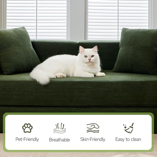 SEQAVRW 79" Boneless Sofa Bed, 5-in-1 No-Assembly Convertible Sleeper Couch with Fixed Frame Armrests, Modular Corduroy Futon, Compressed in a Box for Space Saving (Green, Includes 2 Pillows) SEQAVRW