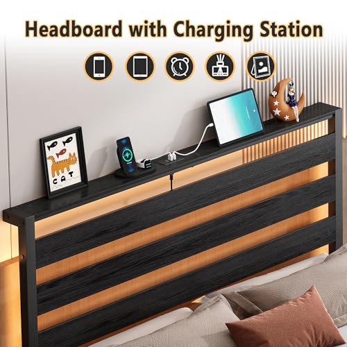 CLIBFENG Bed Frame Twin Size with USB Charging Station, LED Bed Frame with Wood Storage Headboard, Black Metal Platform Bed with Under Bed Storage, No Box Spring Needed, Noise Free CLIBFENG