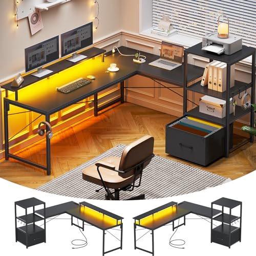 SEDETA L Shaped Gaming Desk, 51" Computer Desk with Storage Shelves, Gamer Desk with Power Outlets & LED Lights, Fabric Drawer, Monitor Stand and Hooks, Black SEDETA
