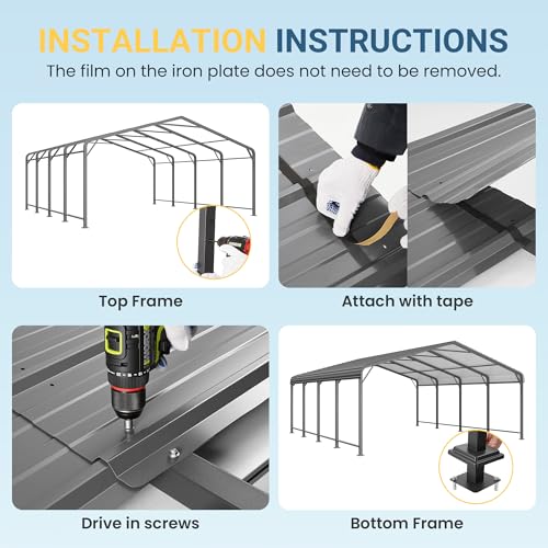 20x20 FT Metal Carport with Updated Roof & Enhanced Base, Heavy Duty Canopy Carport Garage, Vertaile for Car, Truck, Boat, Tractors, Party, Grey Wisteria Lane