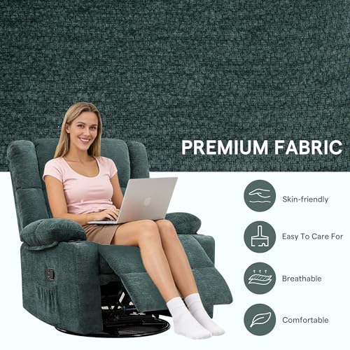 Coziture Swivel Rocker Recliner,Rocking Reclining Chair with Adjustable Headrest for Adults,Upholstered Fabric Swivel Recliner Chair for Bedroom,Living Room,Green