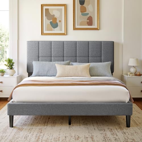 Marsail Queen Size Bed Frame - Upholstered, Adjustable Headboard,6"-12" Mattress Fit, 1300 lbs Capacity, Sturdy 12-Leg Wood Construction, Easy Assembly, Dark Gray Marsail