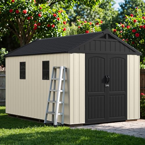 Greesum 8×12 FT Plastic Outdoor Storage Shed with Floor, Resin Sheds with Window and Lockable Door, Weather Resistant Organization for Garden, Lawn, Pool Supplies, Beige Greesum