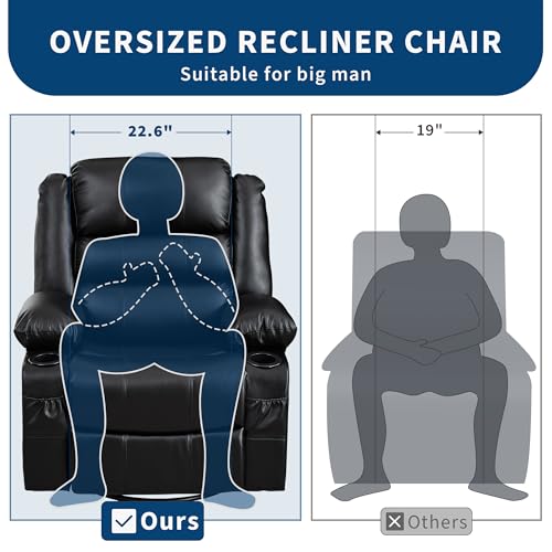 Rocking Recliner Chair for Adults Wide 360° Swivel Rocker Recliner with Cup Holder Nursery Glider with Upholstered Deep Seat PU Leather Comfy Single Sofa for Living Room Black