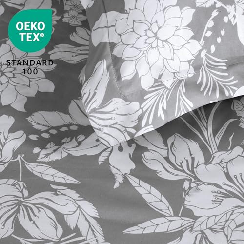 Joiedomi Queen Comforter Set Grey, 3 Pieces Floral Queen Bedding Set with 1 Soft Reversible Botanical Flower Comforter and 2 Pillow Shams, Bed in a Bag for All Seasons Joiedomi