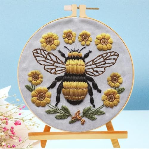 Huacan Embroidery Kits for Adults Beginner 1 Pcs Stamped Bee Pattern Stitching DIY Sewing Kit 7.9 x 7.9 Inch