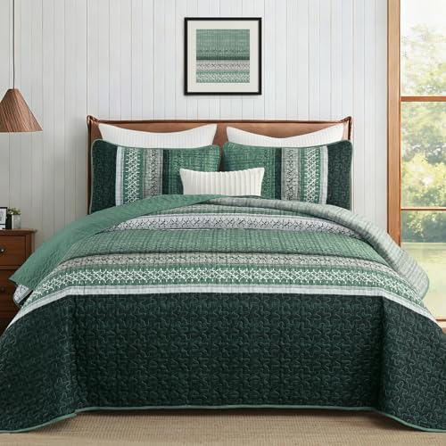 Menghomeus Quilt Queen Size, Green Patchwork Striped Quilt Set 3 Pieces, Soft Lightweight Bedspread Coverlet Bedding Set for All Season 96"x90" Menghomeus