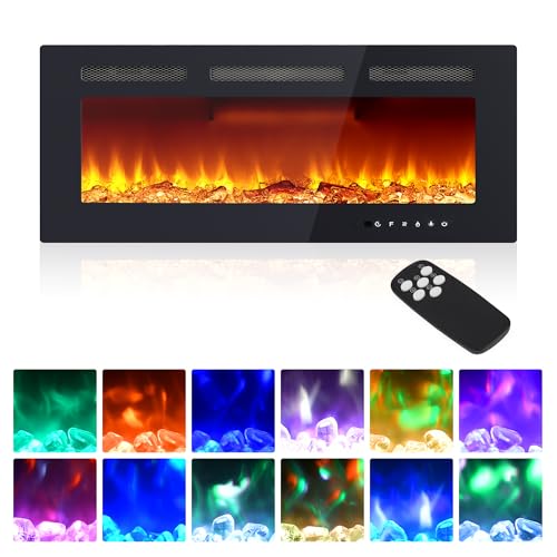SLEKVERSA Electric Fireplace 40 Inch, Ultra-Thin Recessed and Wall Mounted Fireplace Heater, Linear Fire Place w/Thermostat, Remote & Touch Screen, Multicolor Flame, Timer, Logs & Crystal, 120V 1500W SLEKVERSA