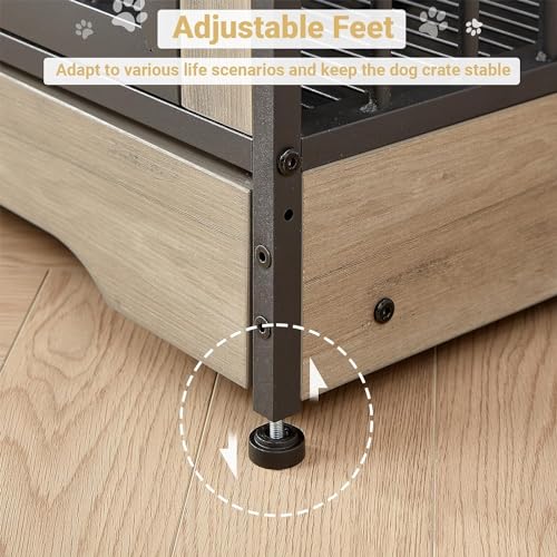 Rovibek 75'' Double Dog Crate Furniture for 2 Large Dogs, Heavy Duty Furniture Style Dog Crates End Table, Wood Crates for Dogs Kennel Indoor with Double Door, Grey Rovibek