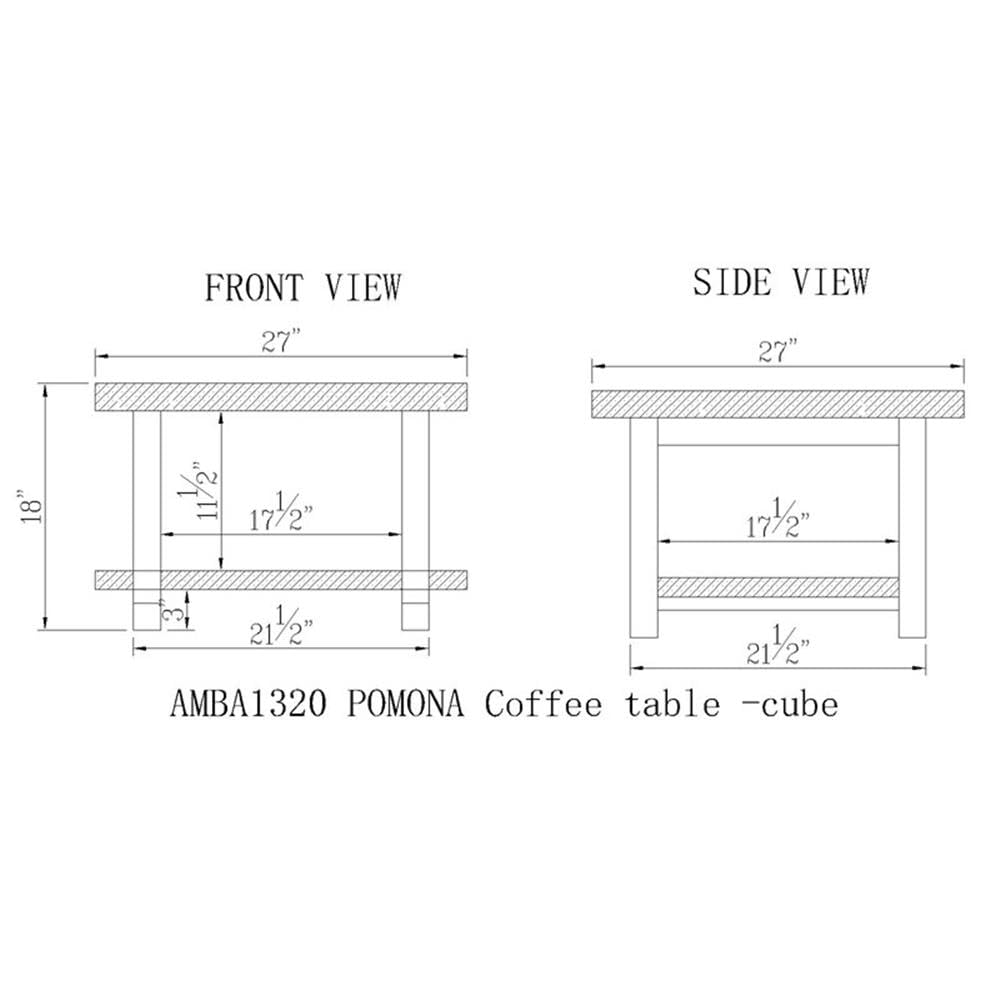 Pomona 27 in. Metal and Solid Wood Square Coffee Table, Slate Gray: Solid Wood & Metal Industrial Square Coffee Table w/ Slate Gray Finish - Solid Pine Wood Tabletop & Shelf Alaterre Furniture