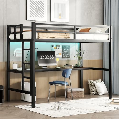 Anwick Metal Loft Bed with Stairs,Bunk Bed with Desk and Guardrail for Kids Boys Girls,Loft Bed Frame with Charging Outlet & LED Lights,Noise-Free, Black (Twin XL) Anwick