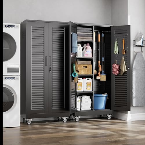 GangMei Metal Broom Closet Storage Cabinet with Hanging Rod, Garage Storage Cabinet with Wheels and 4 Shelves, Pegboard and 13 Hooks for Garage Home, Black, Assembly Required GangMei