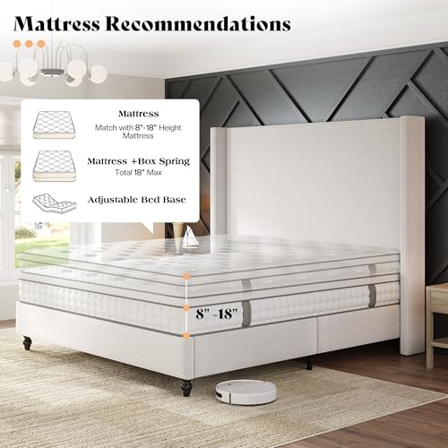 AMERLIFE King Size Bed Frame with 65" Tall Headboard, Upholstered Corduroy Bed Frame with Wingback, Platform Bed with Solid Wood Gourd Legs, Solid Slats, No Box Spring Needed, Cream AMERLIFE
