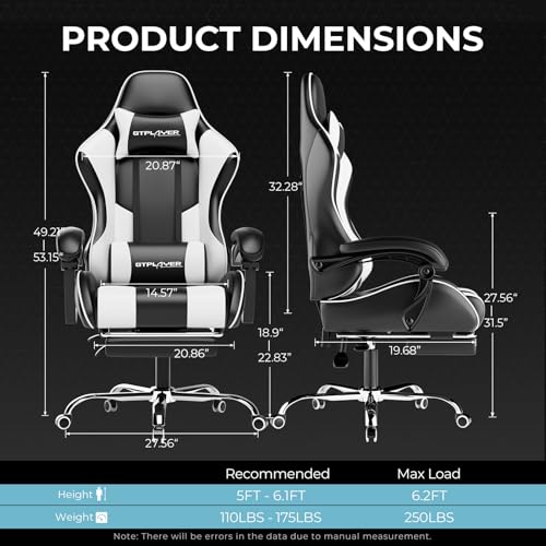 GTPLAYER Gaming Chair, Computer Chair with Footrest and Lumbar Support, Height Adjustable Game Chair with 360°-Swivel Seat and Headrest and for Office or Gaming (White) GTPLAYER