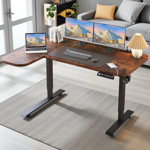Suhapup 59 x 39.4-inch Height-Adjustable Electric Standing Desk L-Shaped, with Memory Function and Mouse pad Stand-up Home Desk Tiger Skin Color Suhapup