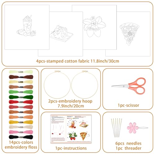 BEUNITONE 4 Set Strawberry Embroidery Kit for Beginners, Food/Drink Needlepoint Kits for Adults with Hoops, Instructions and Full Kit, Personalized Hand Embroidery Patterns for Cloth and Home Decor