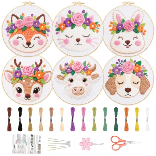 ORIGACH 6 Pack Animals & Floral Crown Embroidery Kits for Beginners, DIY Starter Hand Embroidery Kit with Floral and Dog Rabbit Fox Patterns and Instructions for Adults Women Crafting