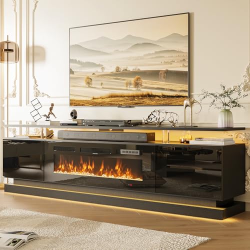 Nordivale 70" Fireplace TV Stand, Modern Entertainment Center for TVs Up to 80”, TV Console with Storage Cabinets, Media Console for Living Room, Black TV Stand and Black Fireplace Nordivale