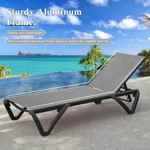 Domi Pool Lounge Chairs Set of 2, Aluminum Adjustable Outdoor Chaise Lounge with Wheels, All Weather Outdoor Lounge Chair for Deck Lawn Patio Backyard, Textilene - Gray