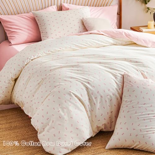 CCoutueChen 100% Cotton Duvet Cover Queen Pink Bow Bedding Set for Girls Kids Cute Bowknot Duvet Cover Set, Soft Comfy 3 Pieces, 2 Pillowcases, Zipper Closure CCoutueChen