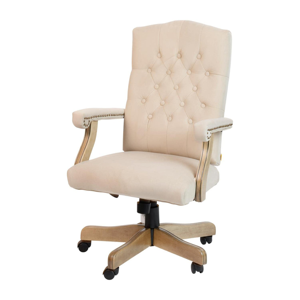 Flash Furniture Derrick Traditional Microfiber Tufted Swivel Office Chair with Wood Base, Ergonomic Farmhouse High-Back Desk Chair, Ivory/Brown Flash Furniture
