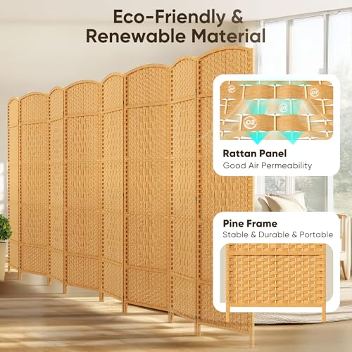 JOSTYLE Room Divider 6ft. Tall Extra Wide Privacy Screen, Folding Privacy Screens with Diamond Double-Weave Room dividers and Freestanding Room Dividers Privacy Screens(Yellow, 8-Panel) JOSTYLE