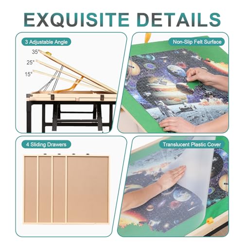 JoyPcsTable Puzzle Table 1500 Piece, 3-Angle Adjustable Jigsaw Puzzle Table with Drawers, Portable Puzzle Table with Legs & Cover, Folding Puzzle Table on Wheels for Adults, Gift for Mothers' Day JoyPcsTable