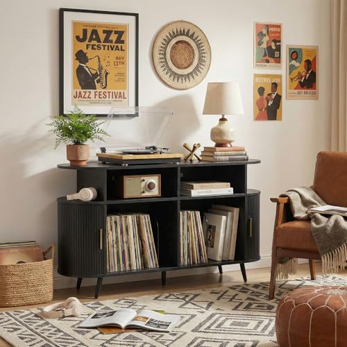 55” Mid Century Record Player Stand, Round Record Storage Cabinet with Charging Station, Turntable Stand Holds up to 300+ Albums, Large Vinyl Record Player Shelf for Media Stereo Audio, Black Quelthar