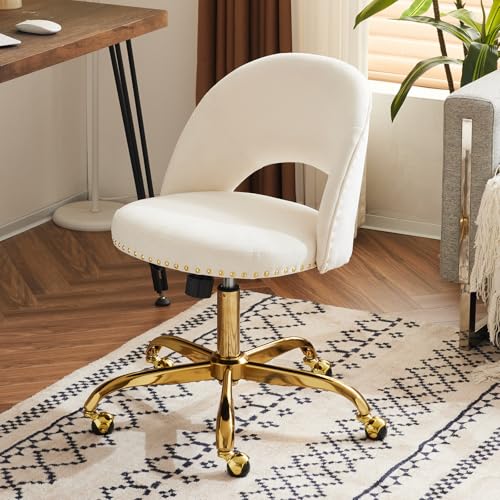 VINGLI Modern Velvet Small Office Chair,Cute Desk Chair with Wheels,Gold Base/Studs, Comfy Armless Swivel Vanity Task Chair for Women/Girl/Kids, Nail Tech Chair for Bedroom,Small Space,White VINGLI