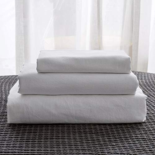 Simple&Opulence Belgian Linen Sheet Set Solid Color - 3 Pieces (1 Flat Sheet, 1 Fitted Sheet & 1 Pillowcase) Natural Flax Cotton Blend Soft Breathable Farmhouse Bedding - Twin Size, White Simple&Opulence